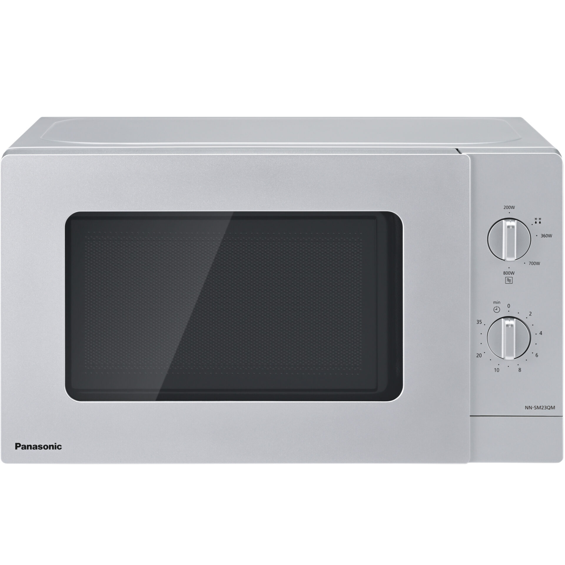 Panasonic NN-SM23QM kompaktní mikrovlnná trouba (800W, 5 úrovní výkonu, otočný talíř o průměru 255 mm, ovládání otočným ovladačem), stříbrná