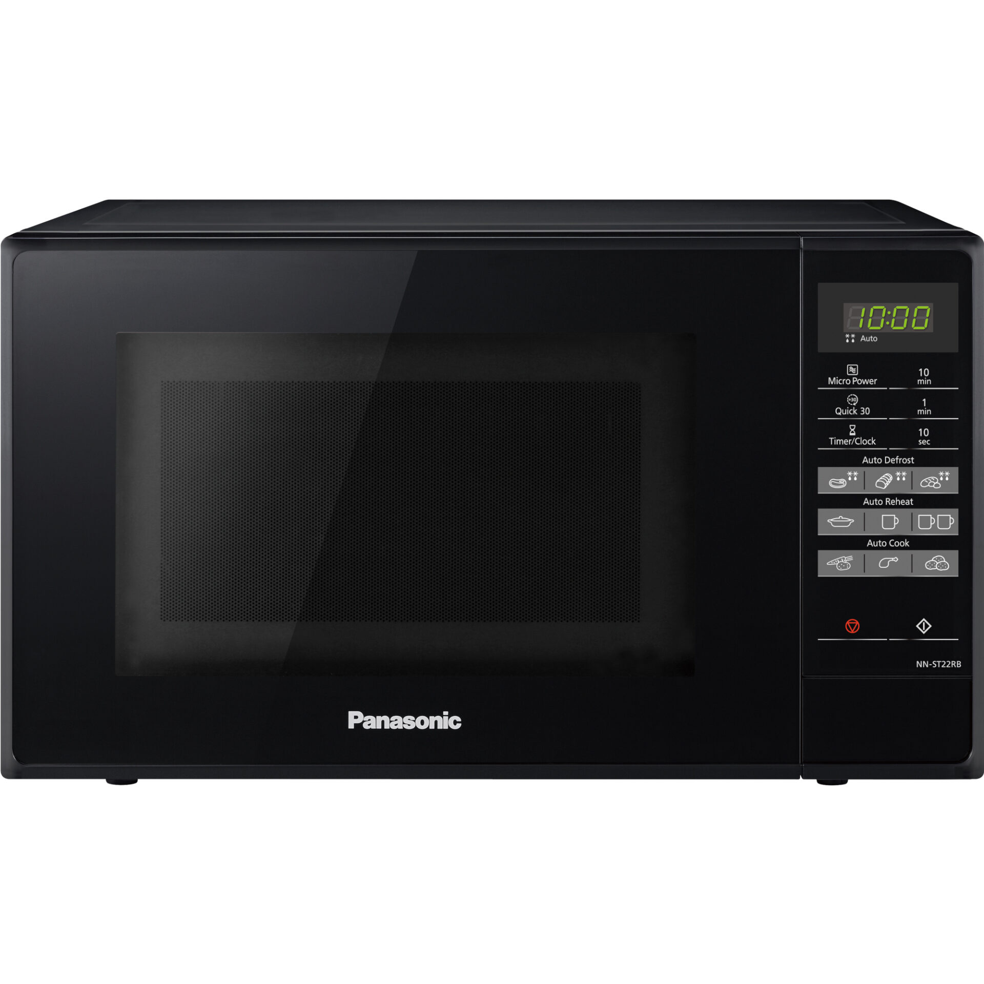 Panasonic NN-ST22RB kompaktní mikrovlnná trouba (800W, 5 úrovní výkonu, otočný talíř o průměru 255 mm, ovládání otočným ovladačem), černá