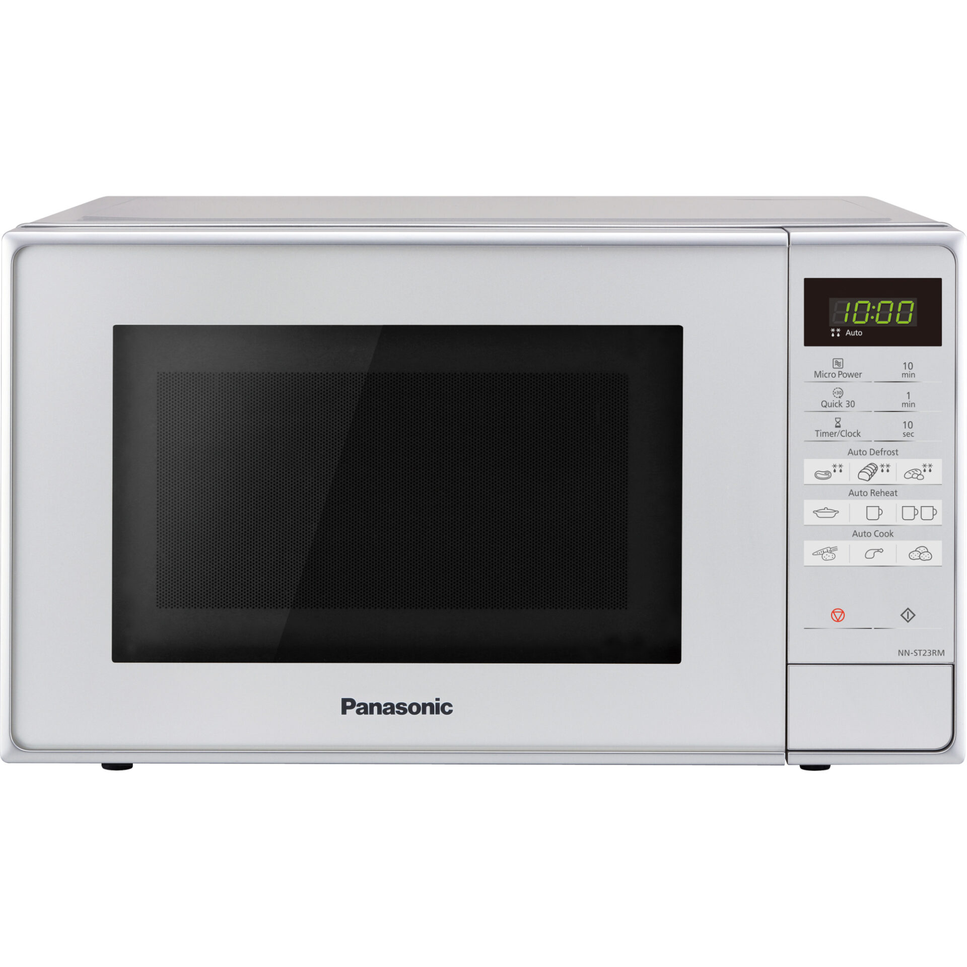 Panasonic NN-ST23RM kompaktní mikrovlnná trouba (800W, 5 úrovní výkonu, otočný talíř o průměru 255 mm, ovládání otočným ovladačem), stříbrná