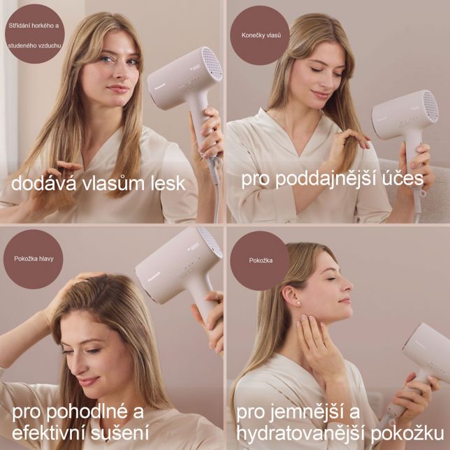 Panasonic EH-NA0L-P825 Panasonic EH-NA0L vysoušeč vlasů nanoe MOISTURE+ Mineral (1600 W, 4 režimy, tryska pro zvětšení objemu, tryska pro silnější proudění vzduchu), růžový 7 Grafika se čtyřmi panely znázorňující různé režimy modelu EH-NA0L: „Střídání horkého a studeného vzduchu“ pro dodání lesku, „Péče o konečky vlasů“ pro poddajnější účes, „Péče o pokožku hlavy“ pro komfortní vysoušení a „Péče o pleť“ pro hydratovanou pleť.