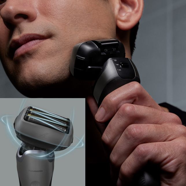 Panasonic ES-L550US803 Panasonic ES-L550U 5břitý holicí strojek se stanicí (omyvatelný, inteligentní snímač vousů, USB Type-C) 11 Model si holí bradu a počítačem generovaná grafika ukazuje pohyb výkyvné hlavice