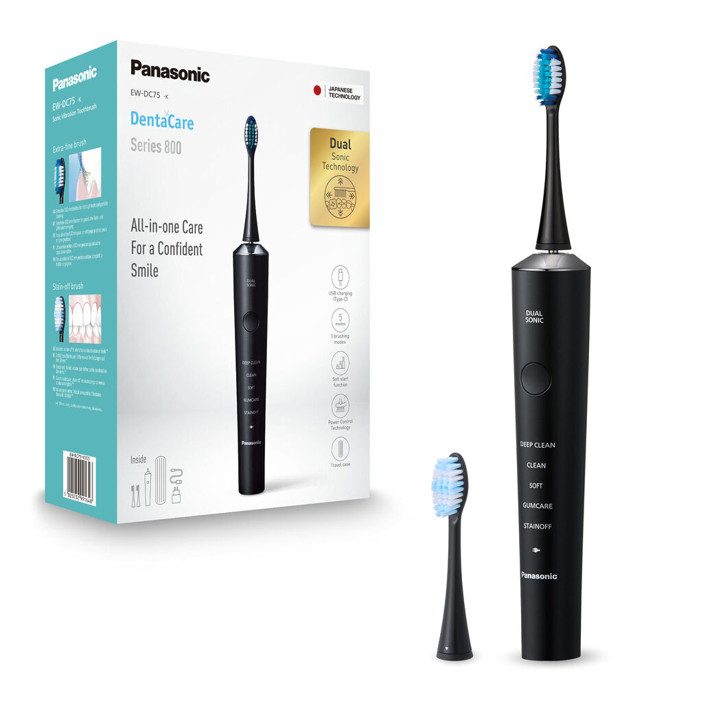 Druhy kartáčků na zuby – jak se liší, a který si vybrat? Průvodce 48 Panasonic EW-DC75 sonický vibrační zubní kartáček (technologie Dual Sonic, 5 režimů, automatické přizpůsobení výkonu, nabíjení přes USB typu C), černý