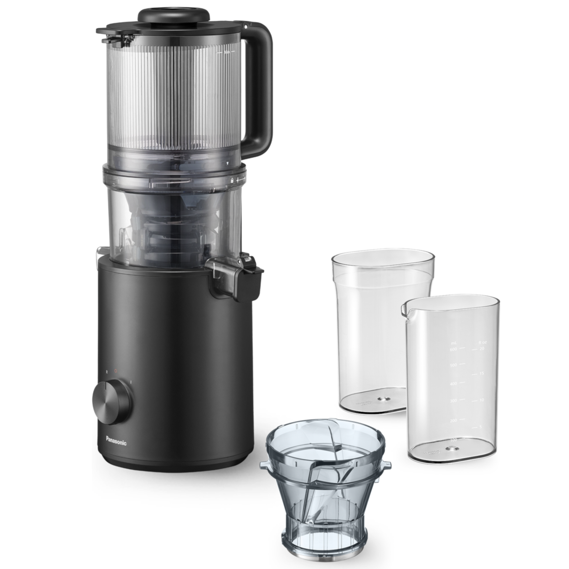 Panasonic MJ-L900 pomalootáčkový odšťavňovač (odšťavňování celého ovoce a zeleniny, snadné čištění, nástavec na mražené dezerty), černý