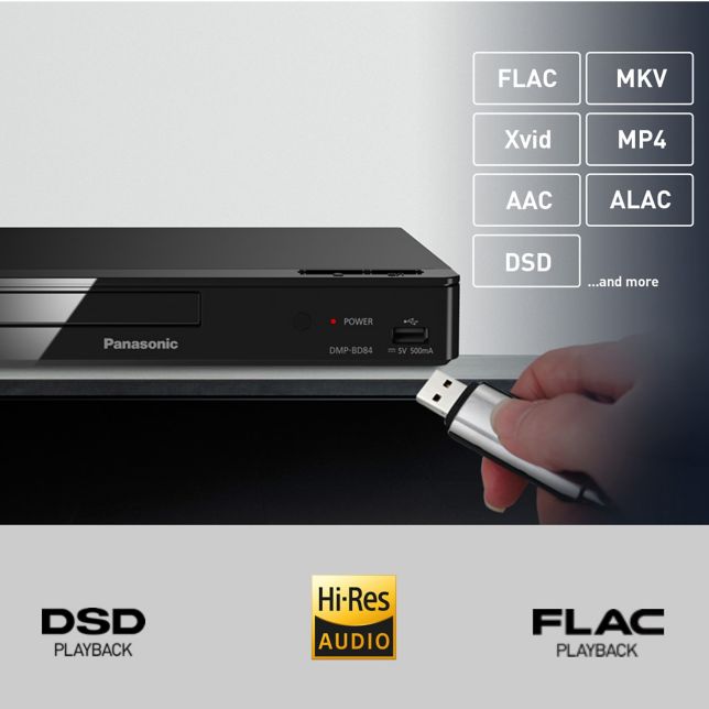 Panasonic DMP-BDT168AG Panasonic DMP-BDT168A blu-ray přehrávač (podporované formáty: Xvid/MKV/MP4/FLAC/MP3/AAC/ALAC/DSD, USB, HDMI), stříbrná 2 Přehrávání ve více formátech podporuje širokou škálu video souborů, fotografií a audio souborů ve vysokém rozlišení